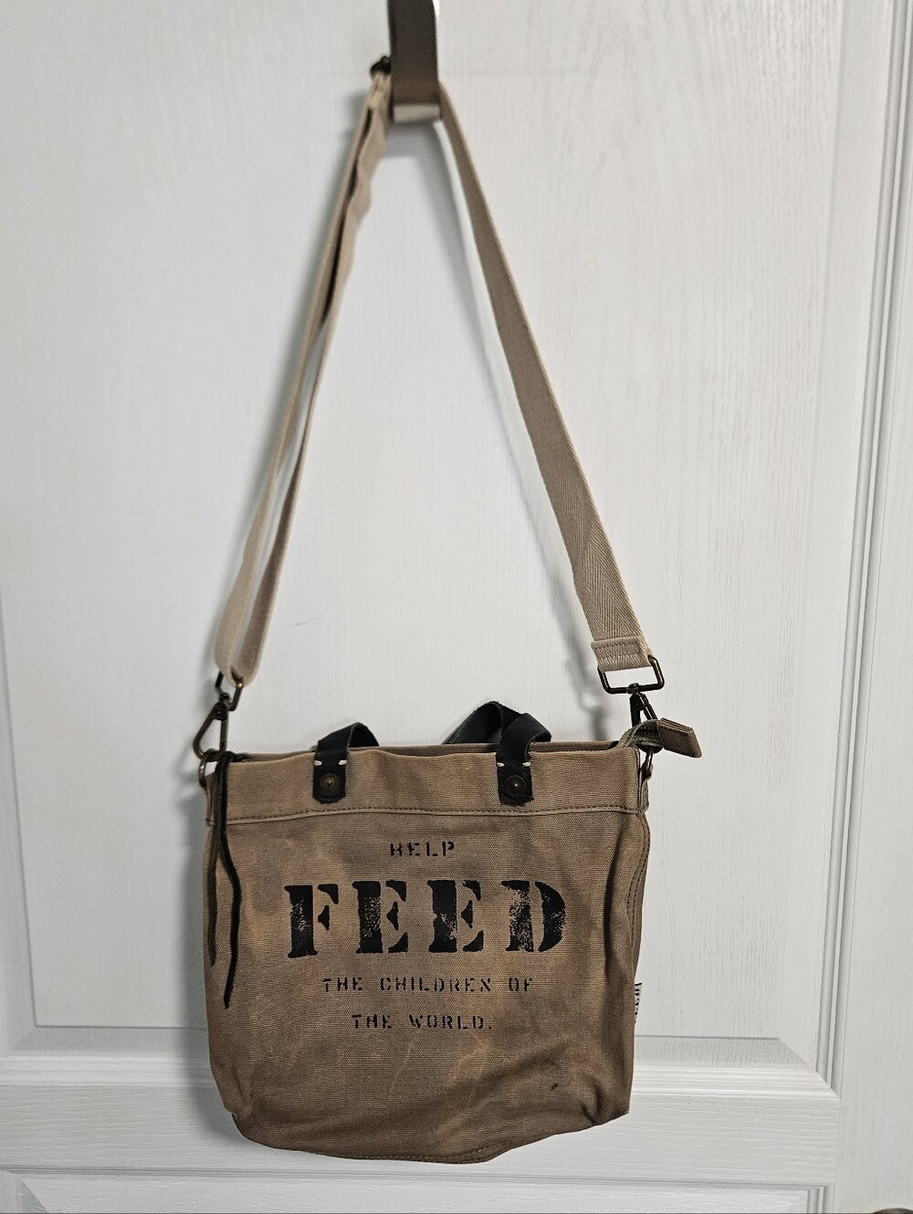 FEED Eleanor Canvas Crossbody Bag Distressed Tan Leather Straps